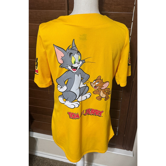 Retro Tom & Jerry Cartoon Baseball Jersey Shirt Bright Yellow Orange AOP sz L - Picture 4 of 7